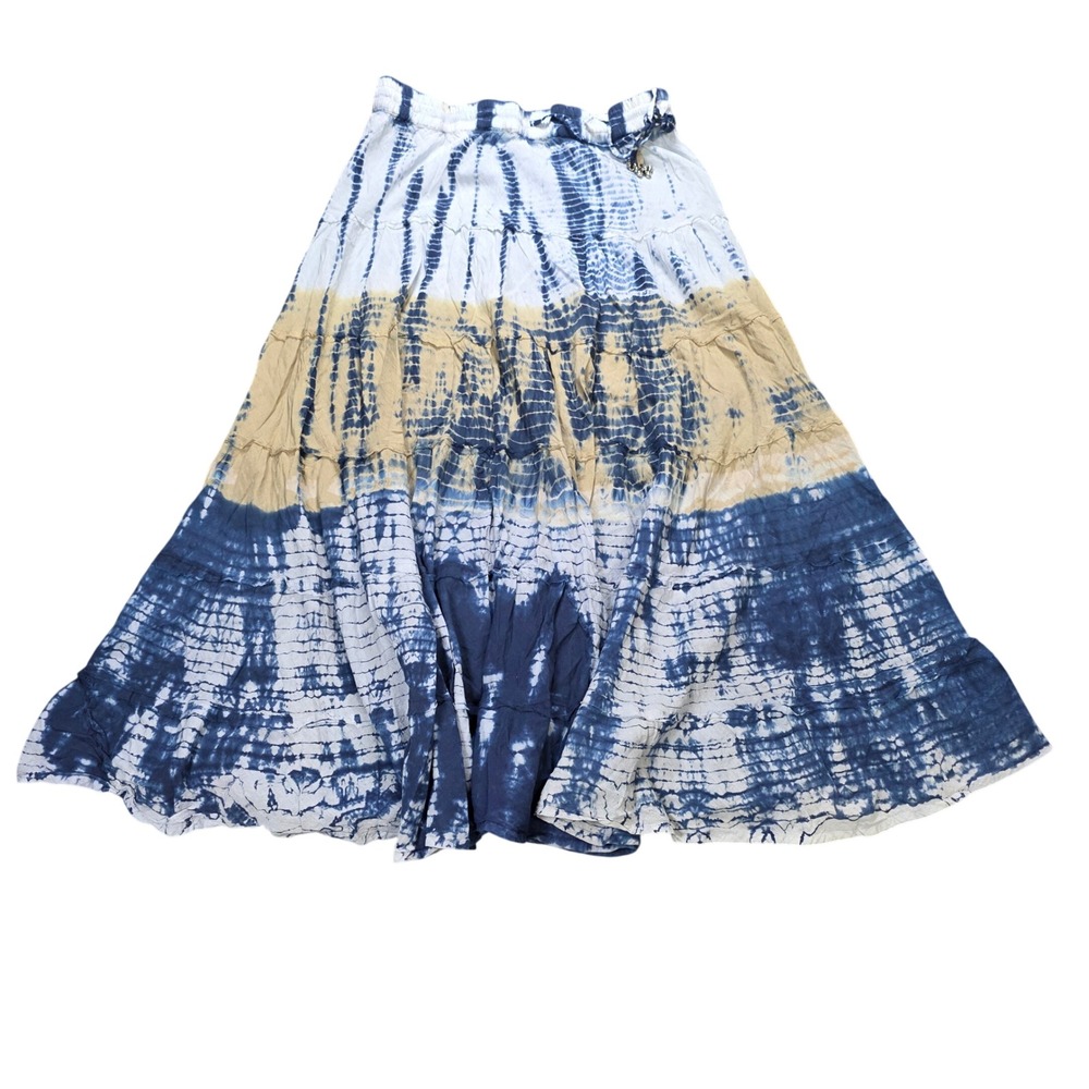 Cato Tiered Midi Skirt Women's Size M Blue Tan Tie Dye Cotton Boho Crinkle Gauze